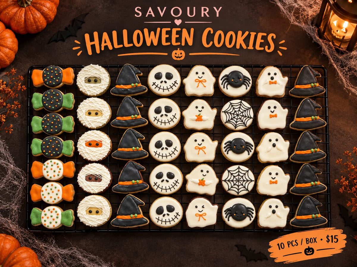 SavourySG Halloween cookies featuring ghosts, mummies, witch hats, spiders and webs; box of 10 for $15