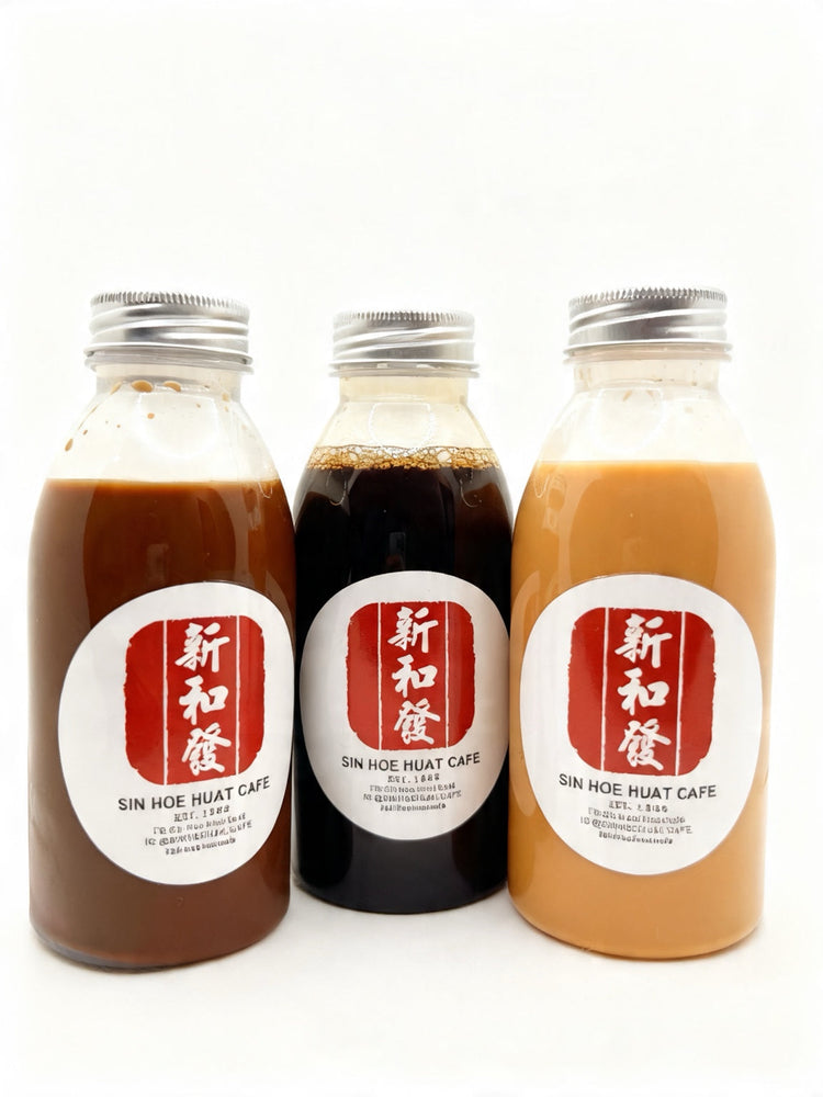 Close-up of three 400ml Sin Hoe Huat Cafe bottled drinks